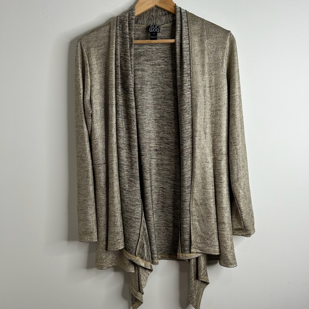 Clara Sun Woo Gold Metallic Duster Cardigan Womens L Luxury Timeless Sparkly
